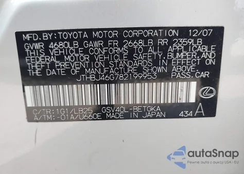 2008 Lexus Es 350 из США, поврежденный, VIN JTHBJ46G782199953